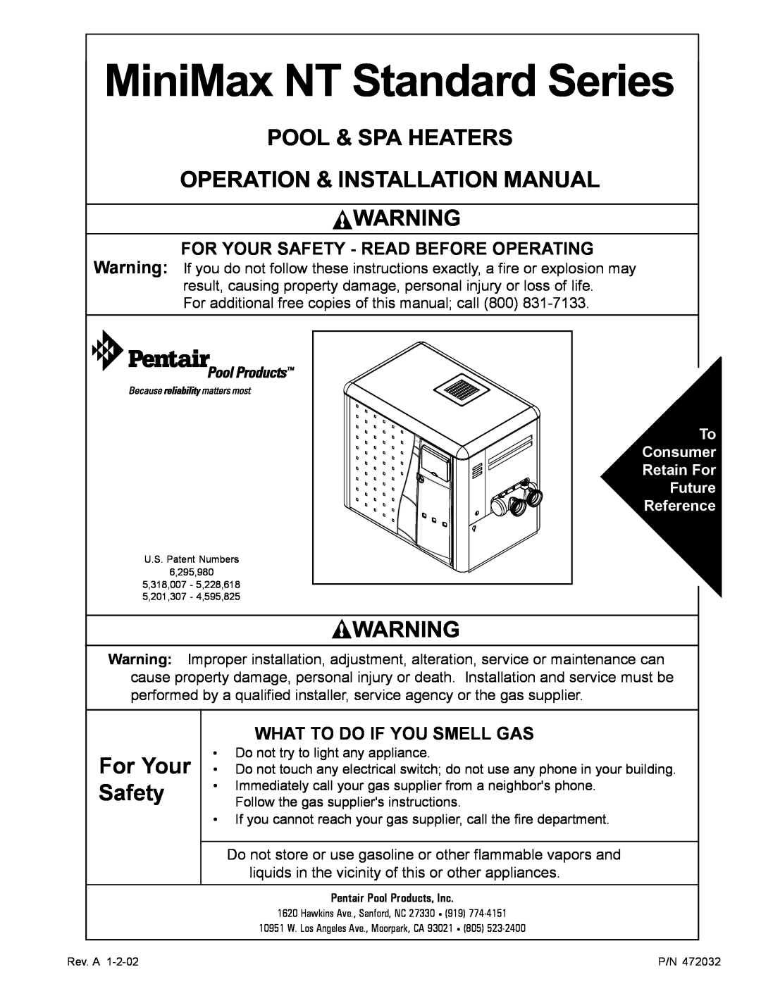 Pentair NT Standard Series installation manual Pool & Spa Heaters, Operation & Installation Manual, For Your Safety 