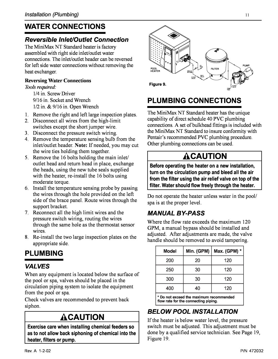 Pentair NT Standard Series installation manual Plumbing Connections, Reversing Water Connections, Tools required 
