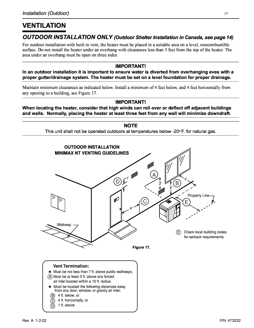 Pentair NT Standard Series installation manual Ventilation, Installation Outdoor 