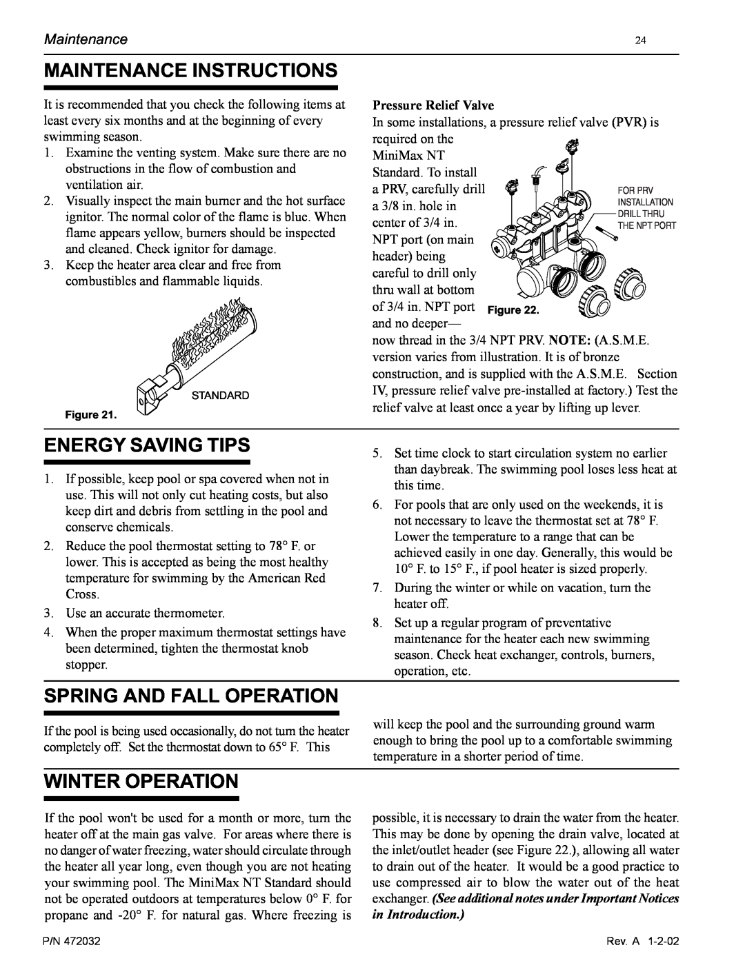 Pentair NT Standard Series Maintenance Instructions, Energy Saving Tips, Spring And Fall Operation, Winter Operation 