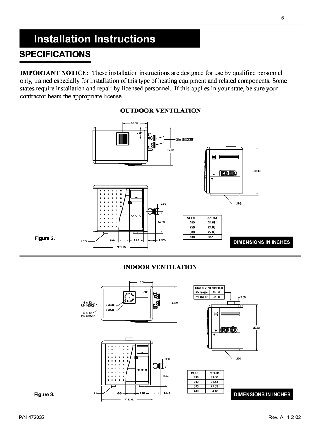 Pentair NT Standard Series Installation Instructions, Specifications, Outdoor Ventilation, Indoor Ventilation 