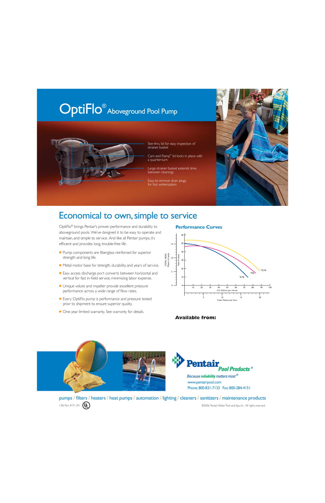 Pentair manual Economical to own, simple to service, OptiFlo Aboveground Pool Pump, Available from, Performance Curves 