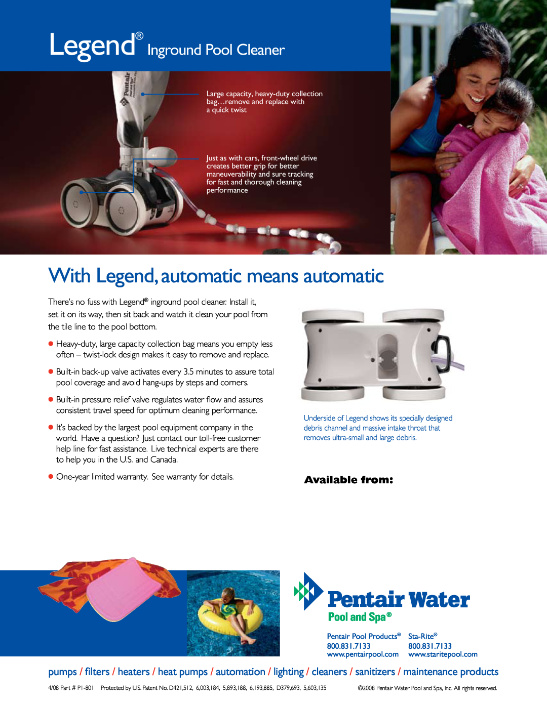 Pentair P1-801 manual Legend Inground Pool Cleaner, With Legend, automatic means automatic, Available from 