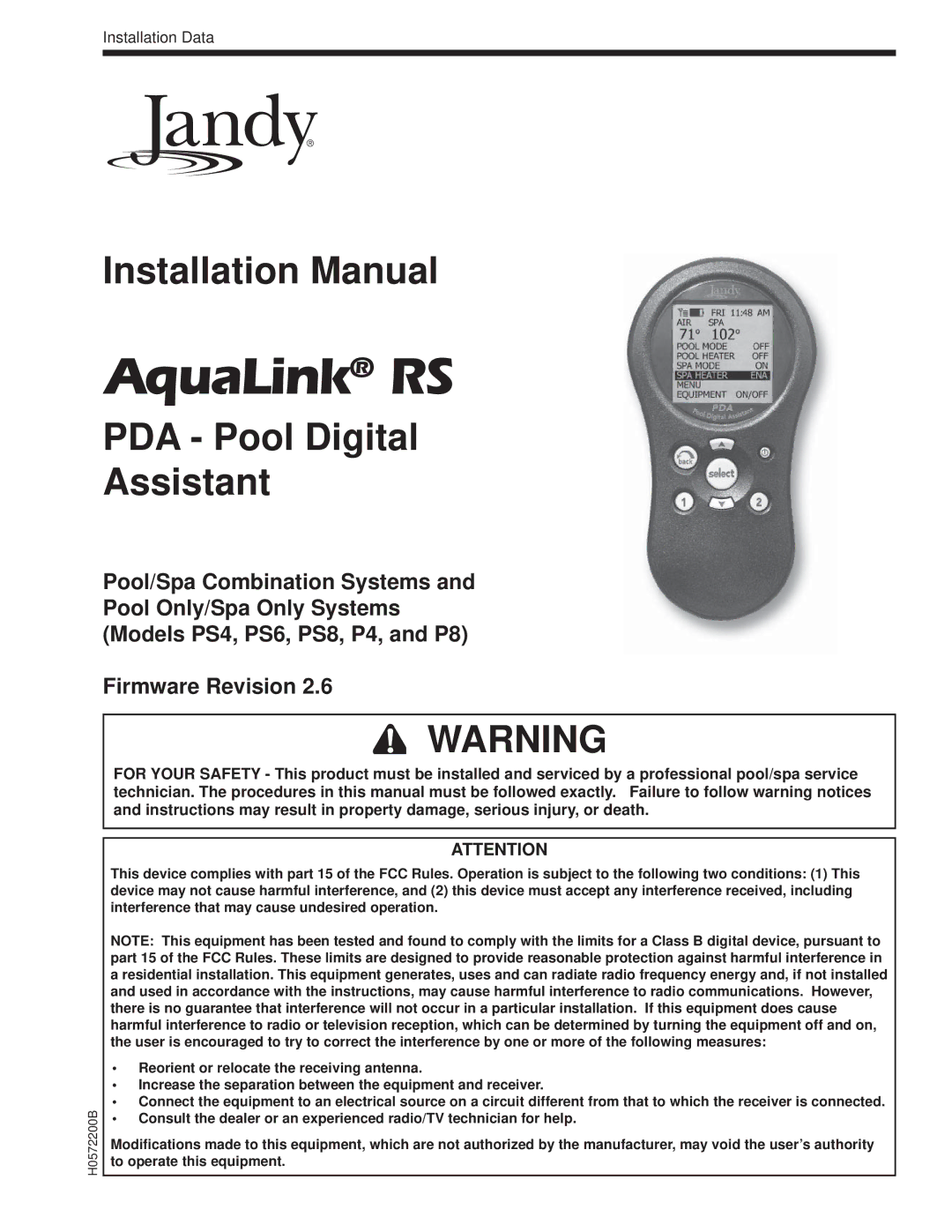 Pentair PS8, P4, PS4, PS6, and P8 installation manual Installation Manual PDA Pool Digital Assistant 