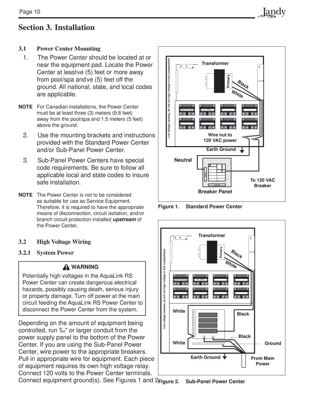 Pentair P4, PS8, PS4, PS6 Installation, Power Center Mounting, High Voltage Wiring System Power, Neutral, Breaker Panel 