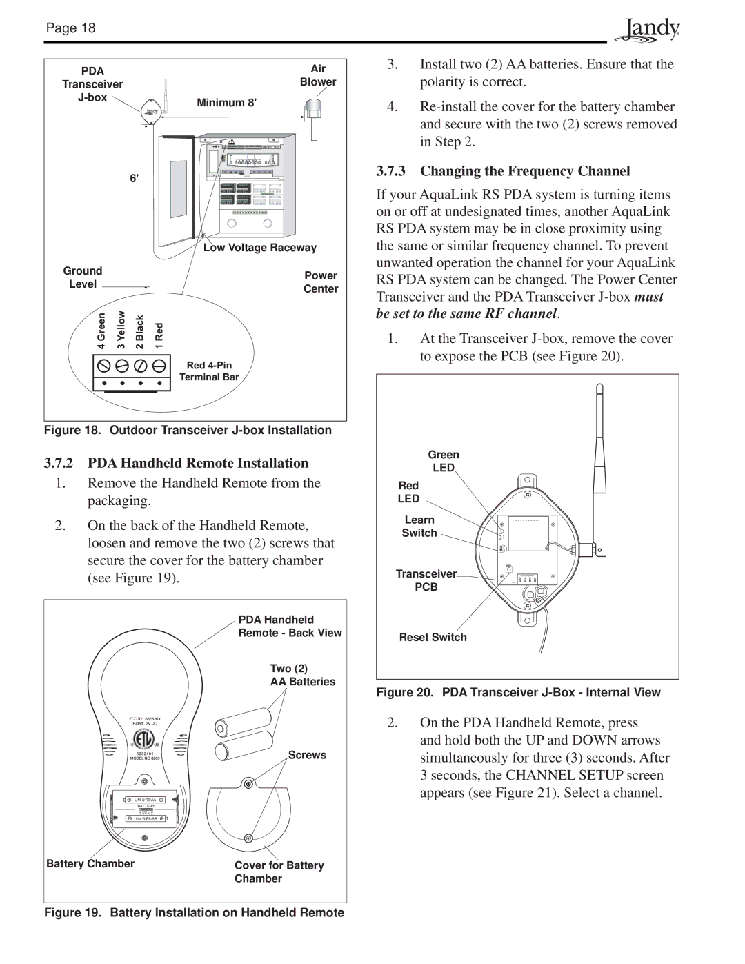 Pentair PS6, P4, PS8, PS4, and P8 installation manual PDA Handheld Remote Installation, Changing the Frequency Channel 