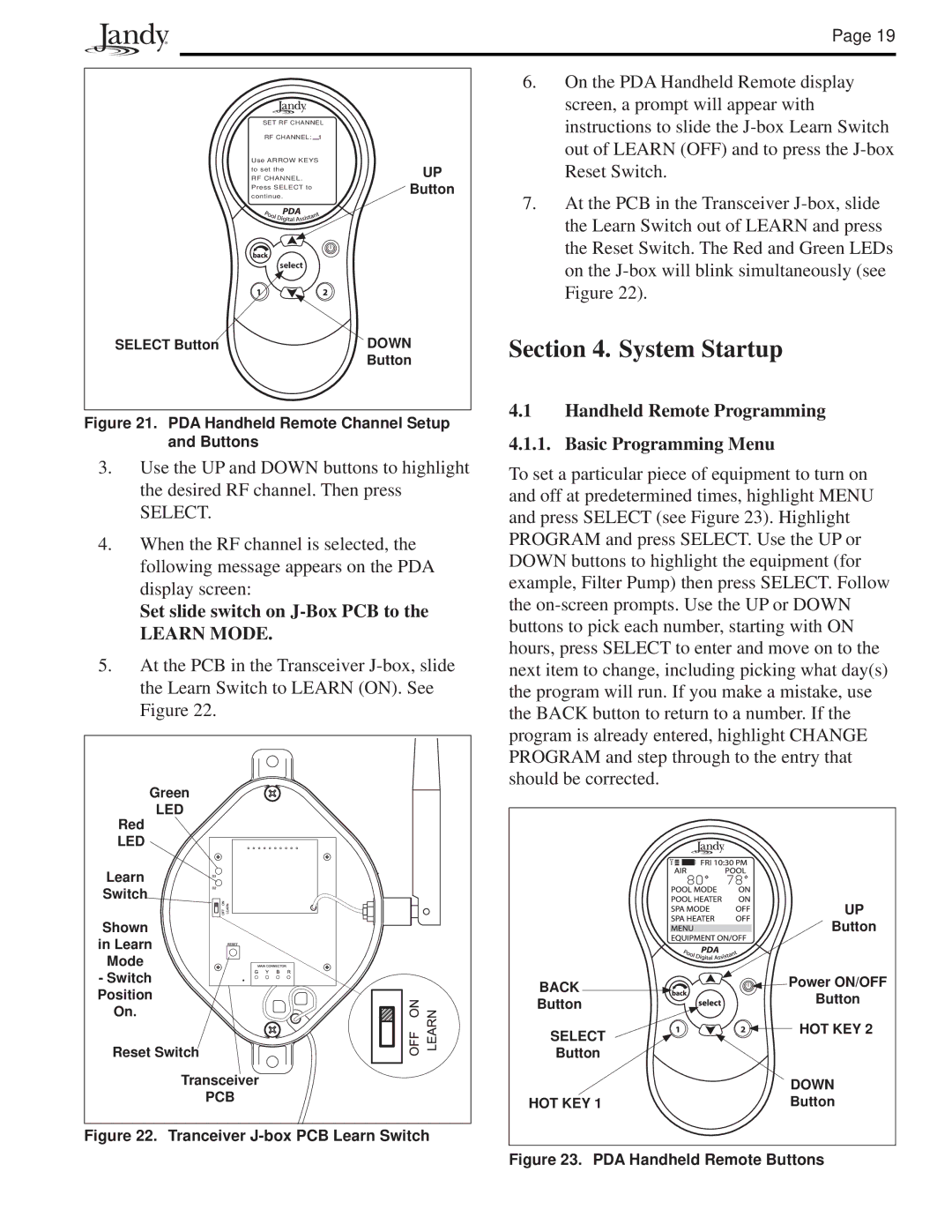 Pentair and P8, P4 System Startup, Set slide switch on J-Box PCB to, Handheld Remote Programming Basic Programming Menu 