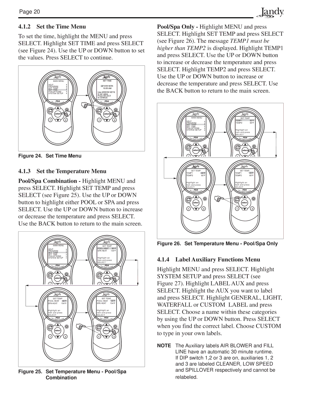 Pentair P4, PS8, PS4, PS6, and P8 Set the Time Menu, Set the Temperature Menu, Label Auxiliary Functions Menu 