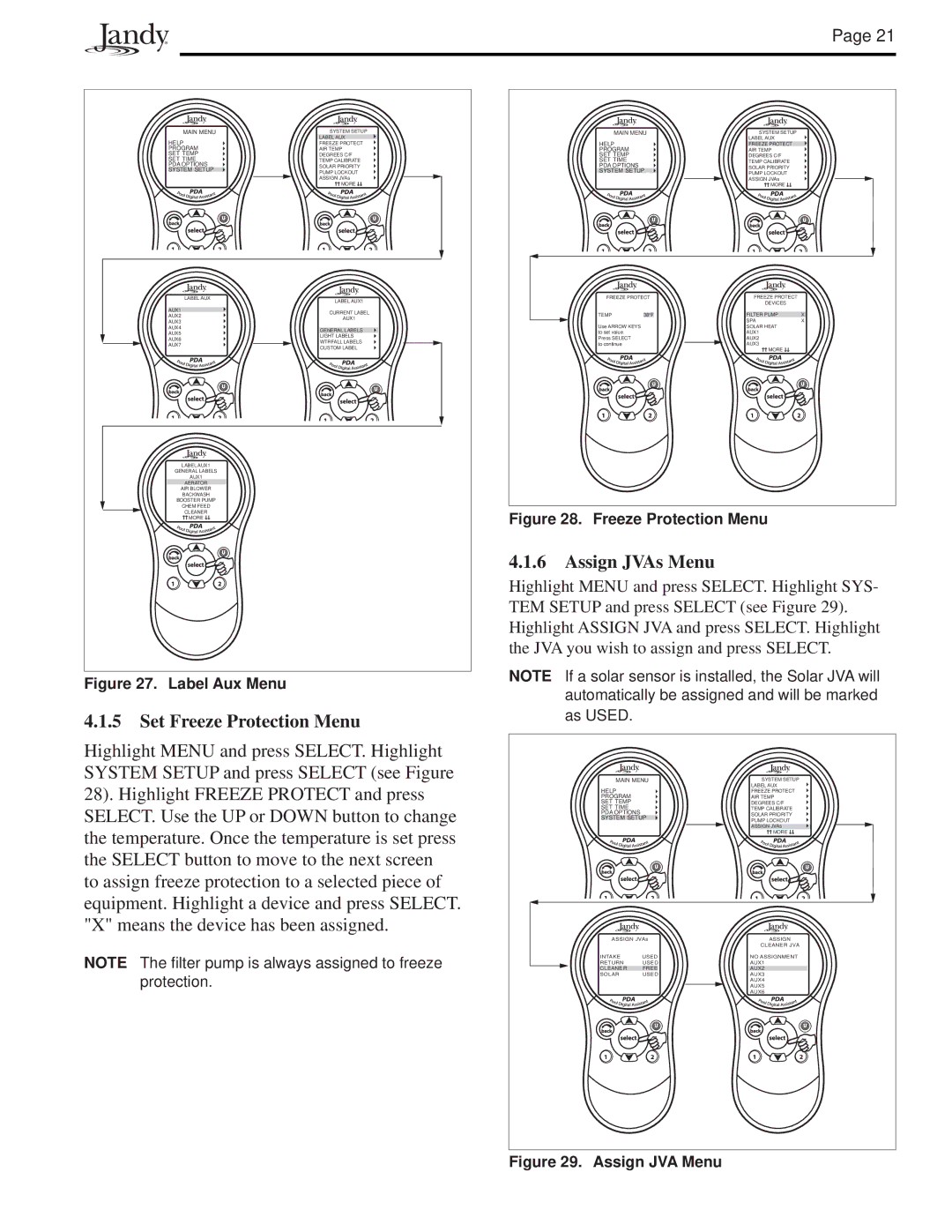 Pentair PS8, P4, PS4, PS6, and P8 installation manual Set Freeze Protection Menu, Assign JVAs Menu 