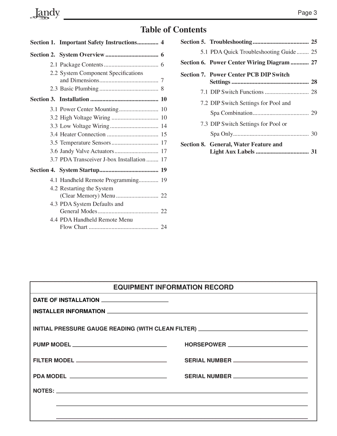 Pentair PS6, P4, PS8, PS4, and P8 installation manual Table of Contents 