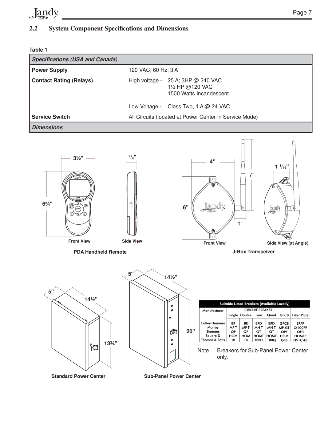 Pentair PS4 System Component Speciﬁcations and Dimensions, Power Supply, Contact Rating Relays, Service Switch, 14½ 13¾ 