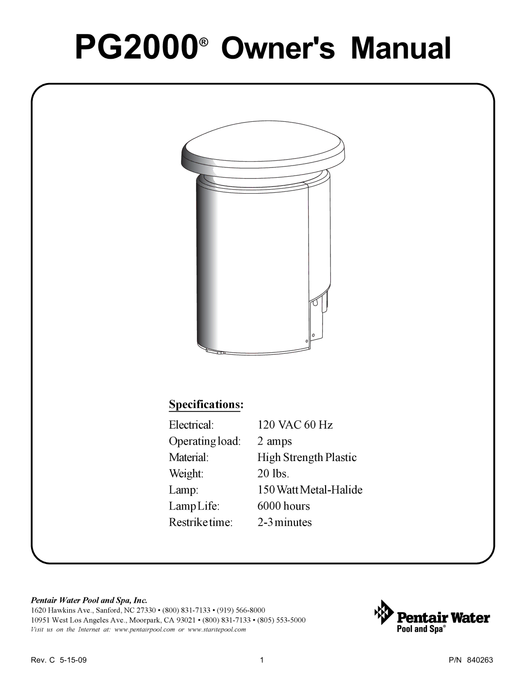 Pentair PG2000 owner manual Specifications 