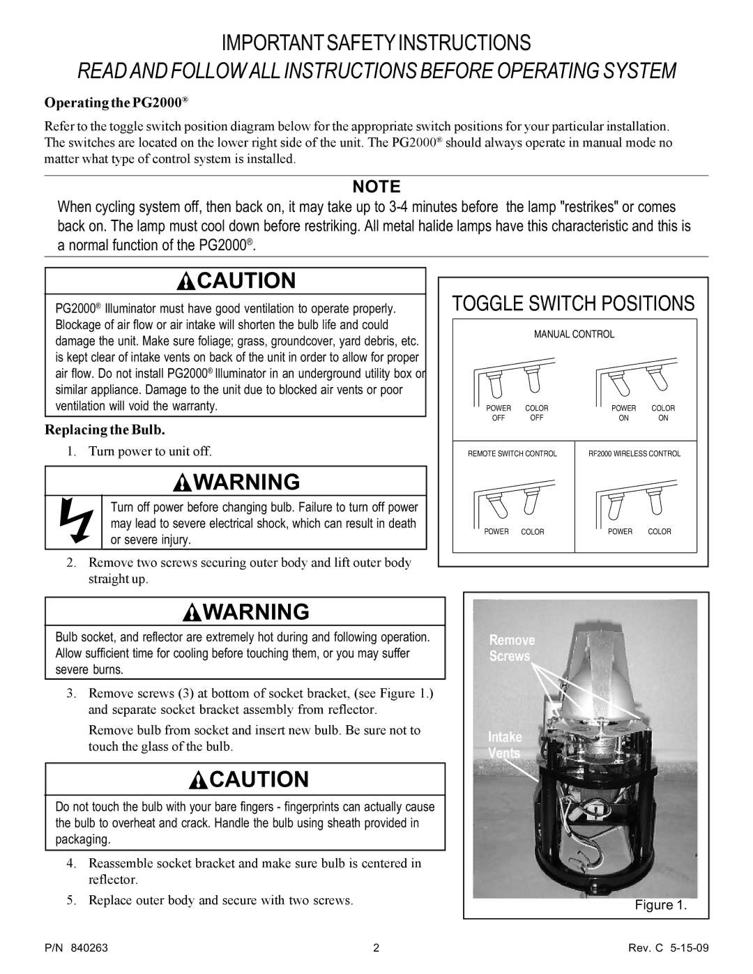 Pentair owner manual Operating the PG2000, Replacing the Bulb 