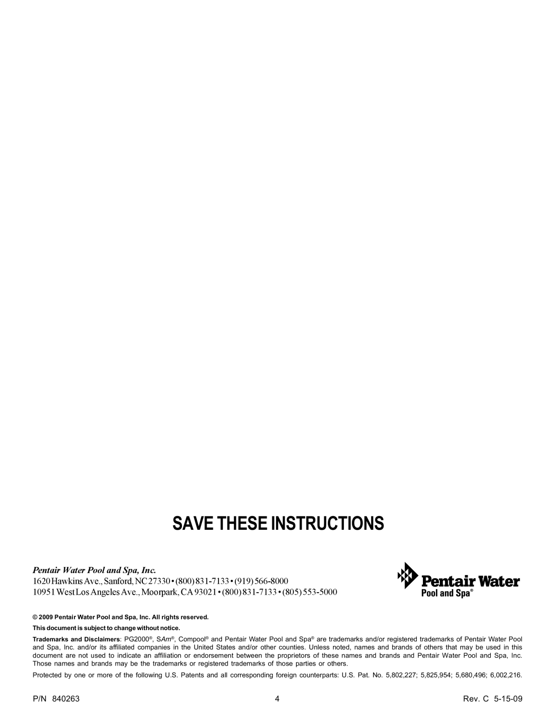 Pentair PG2000 owner manual Pentair Water Pool and Spa, Inc 