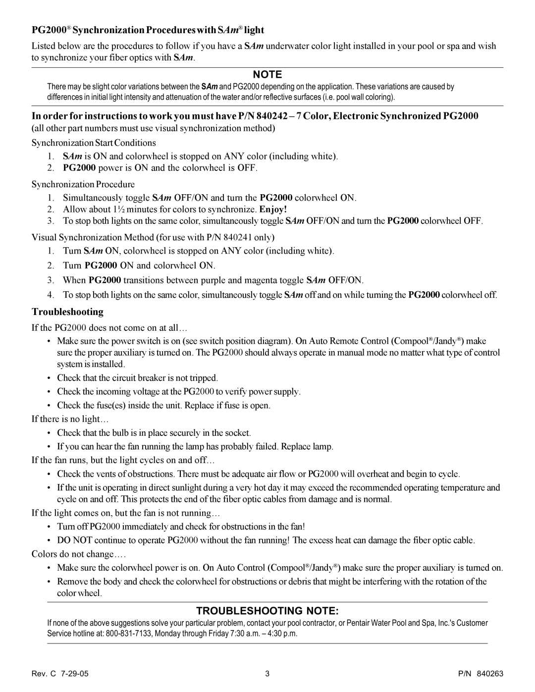 Pentair owner manual PG2000 Synchronization Procedures with SAm light, Troubleshooting 