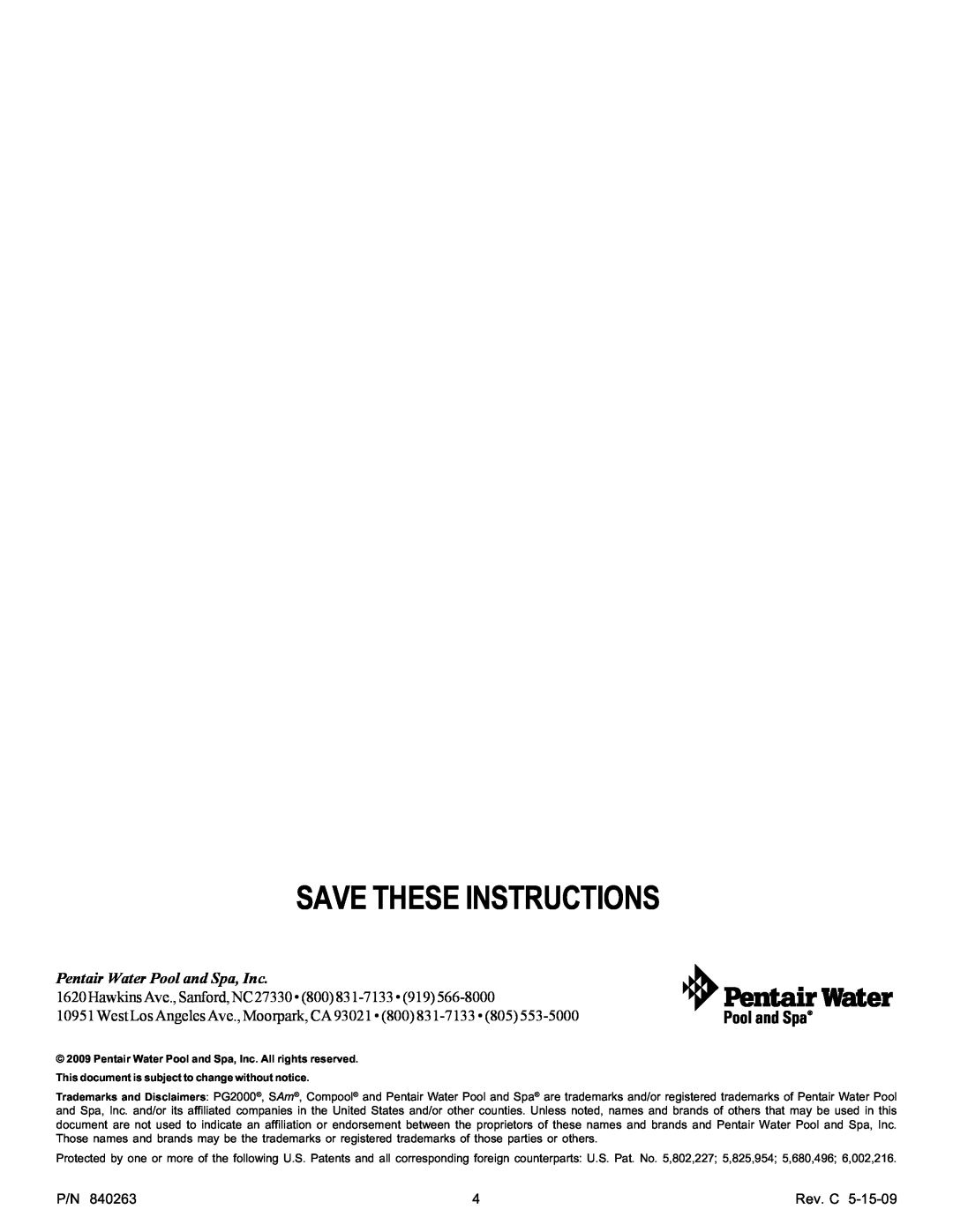 Pentair PG2000 owner manual Save These Instructions, Pentair Water Pool and Spa, Inc, Rev. C 