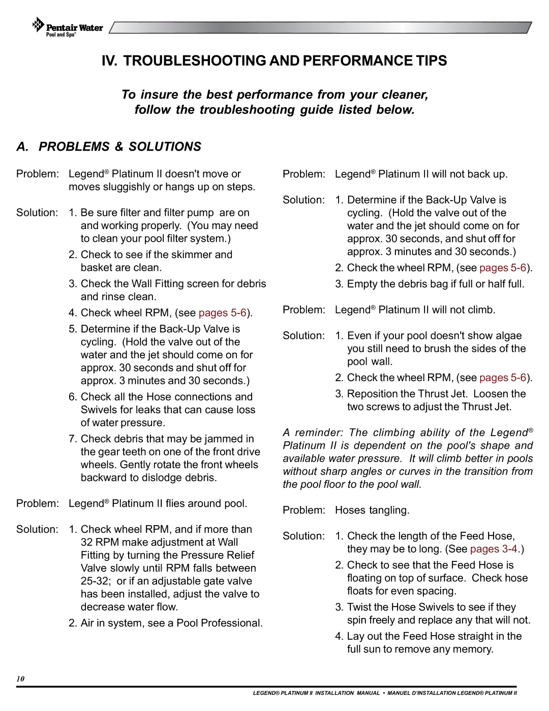 Pentair Platinum II installation manual IV. Troubleshooting and Performance Tips 