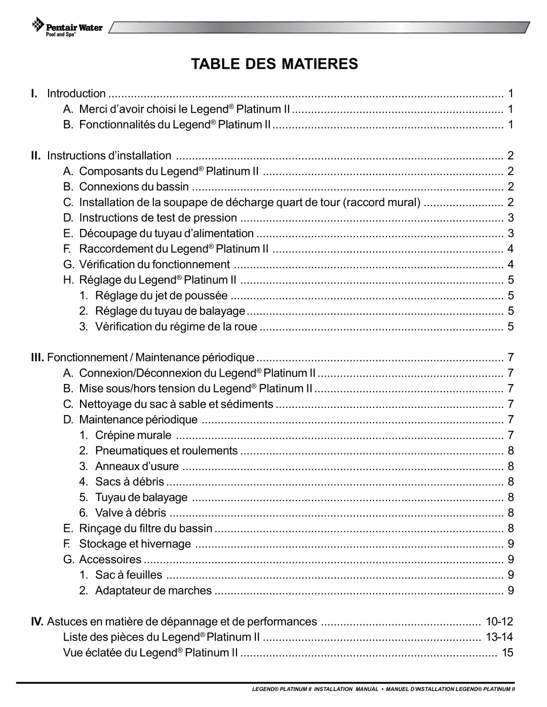 Pentair Platinum II installation manual Table DES Matieres 