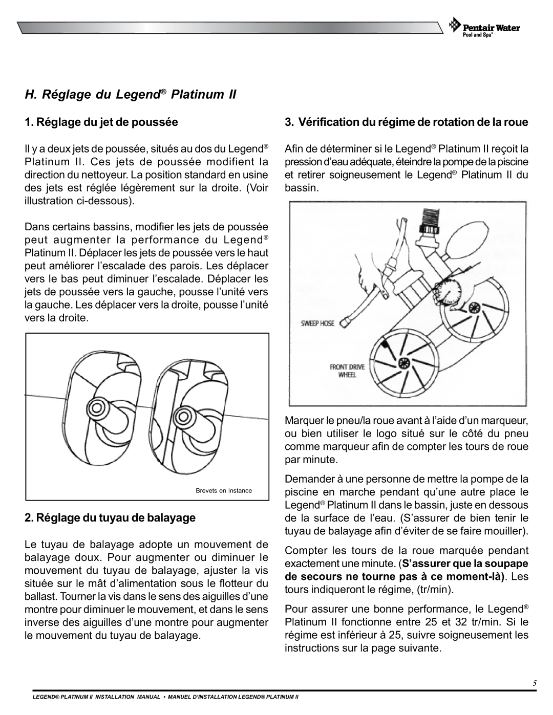 Pentair Platinum II installation manual Réglage du Legend Platinum, Réglage du jet de poussée, Réglage du tuyau de balayage 