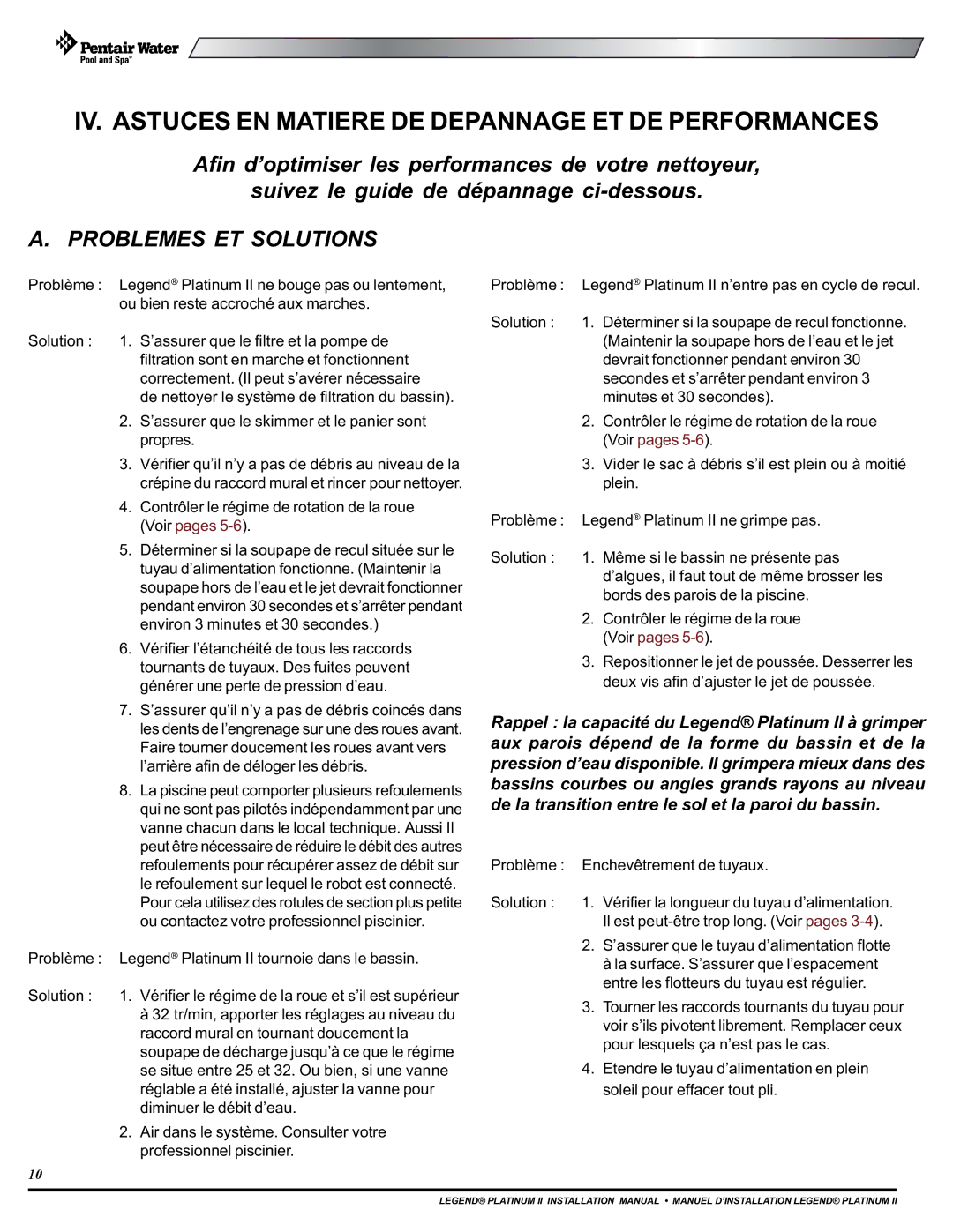 Pentair Platinum II installation manual IV. Astuces EN Matiere DE Depannage ET DE Performances 