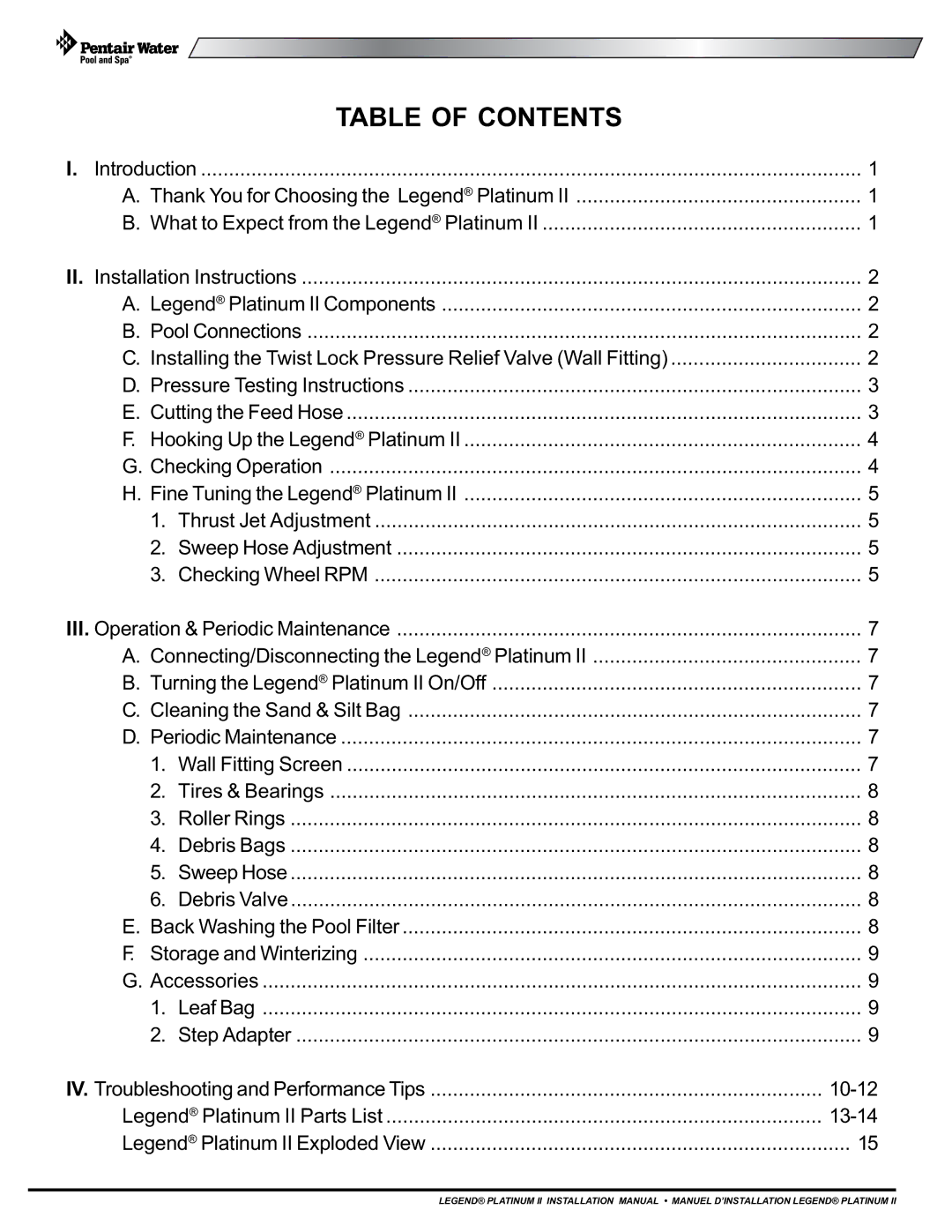 Pentair Platinum II installation manual Table of Contents 