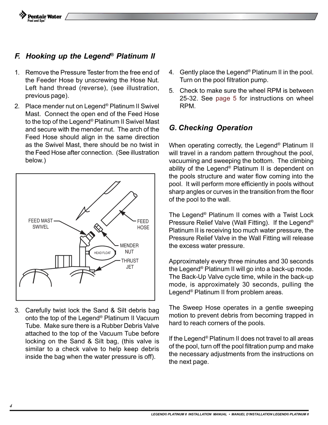 Pentair Platinum II installation manual Hooking up the Legend Platinum, Checking Operation 