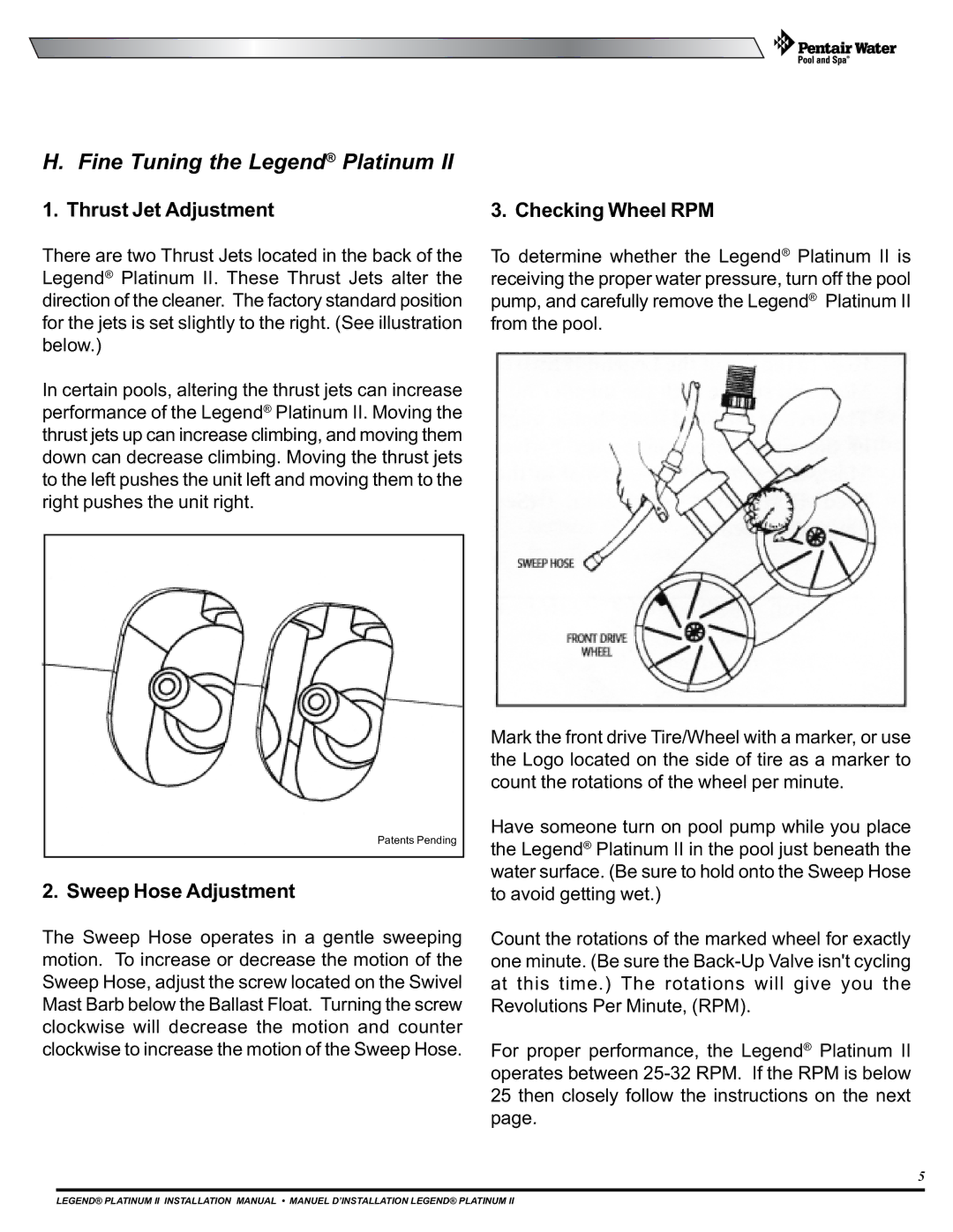 Pentair Platinum II Fine Tuning the Legend Platinum, Thrust Jet Adjustment, Checking Wheel RPM, Sweep Hose Adjustment 