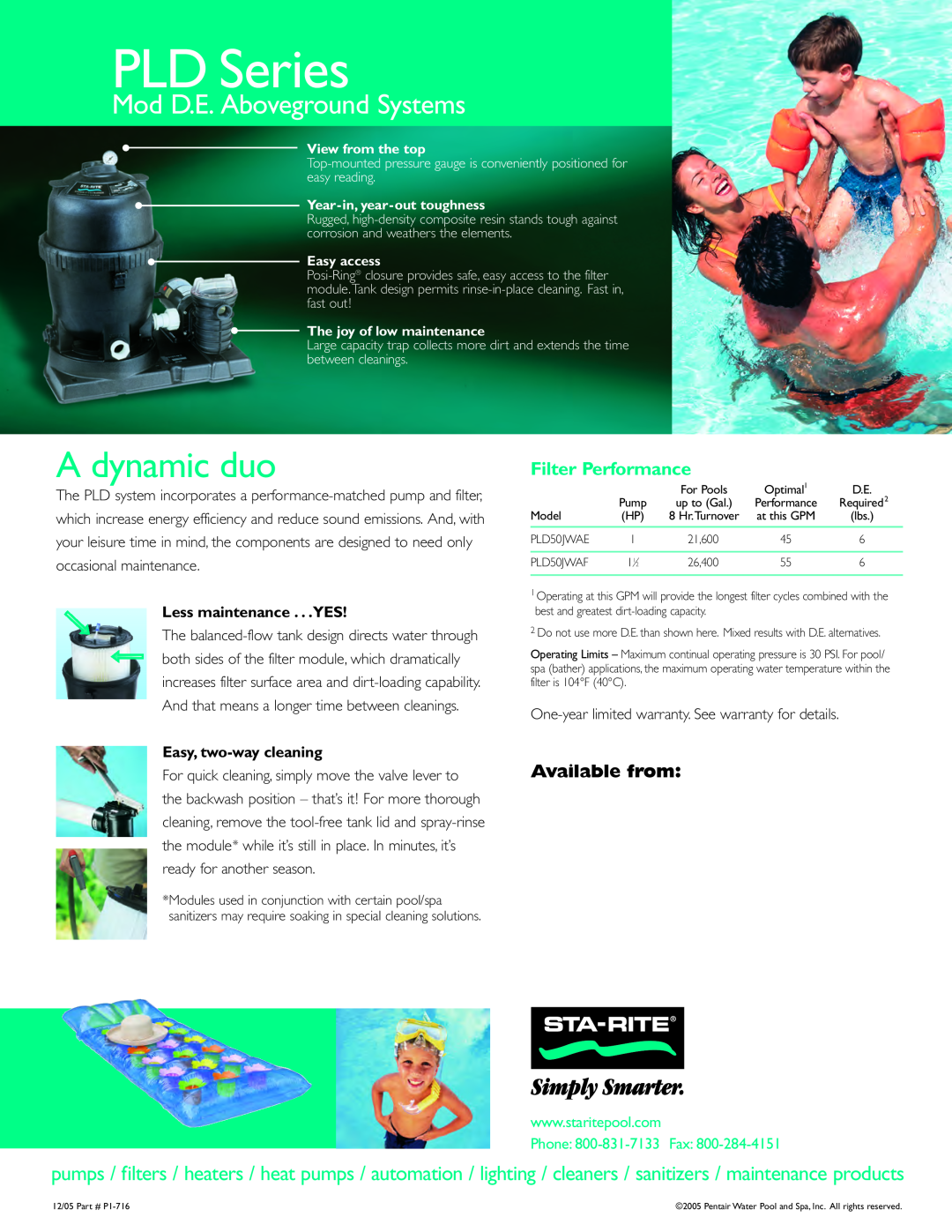 Pentair PLD Series A dynamic duo, Mod D.E. Aboveground Systems, Filter Performance, Available from, Easy, two-waycleaning 