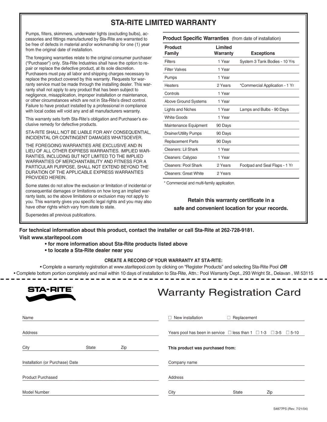 Pentair PLDE36, PLDE48 owner manual Warranty Registration Card 