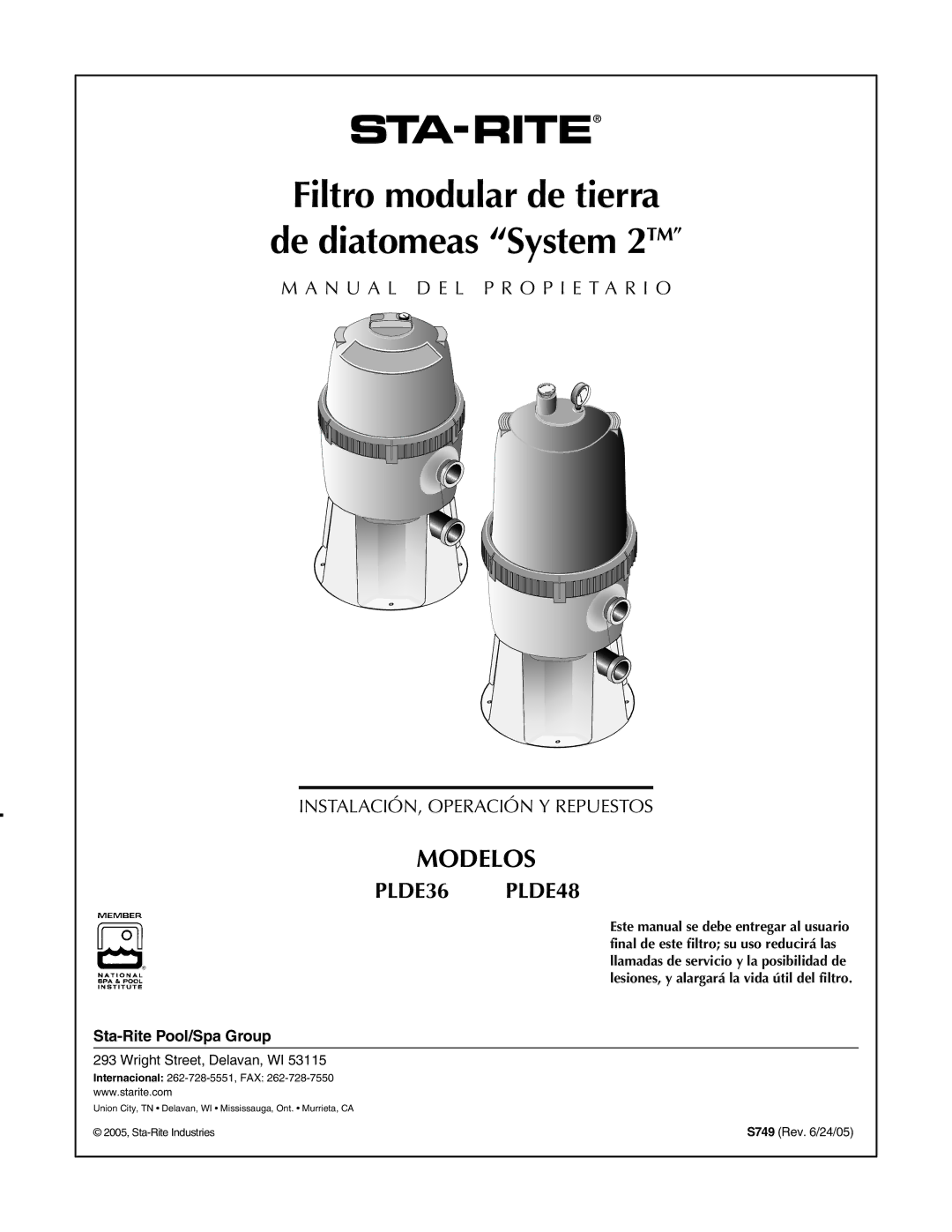 Pentair PLDE48, PLDE36 owner manual Filtro modular de tierra De diatomeas System 2TM 