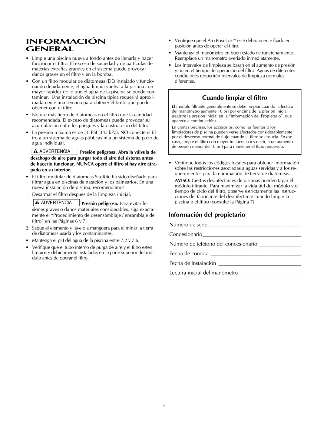 Pentair PLDE48, PLDE36 owner manual Información General, Cuando limpiar el filtro, Información del propietario 