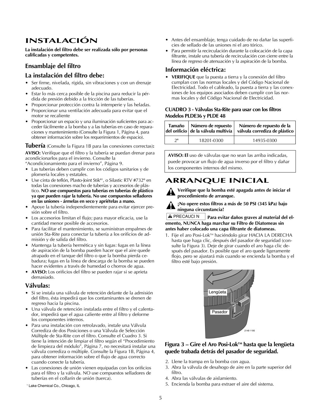 Pentair PLDE48, PLDE36 Instalación, Arranque Inicial, Ensamblaje del filtro La instalación del filtro debe, Válvulas 