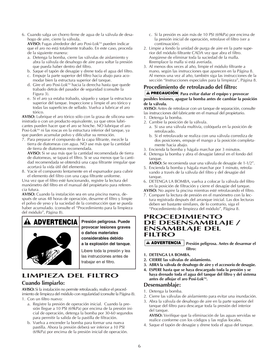 Pentair PLDE36, PLDE48 Procedimiento DE Desensamblaje / Ensamblaje DEL Filtro, Limpieza DEL Filtro, Cuando limpiarlo 