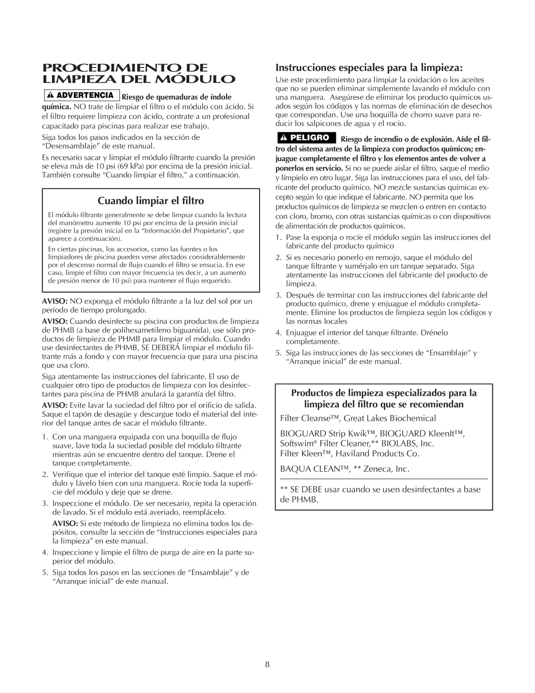 Pentair PLDE36, PLDE48 owner manual Procedimiento DE Limpieza DEL Módulo, Instrucciones especiales para la limpieza 