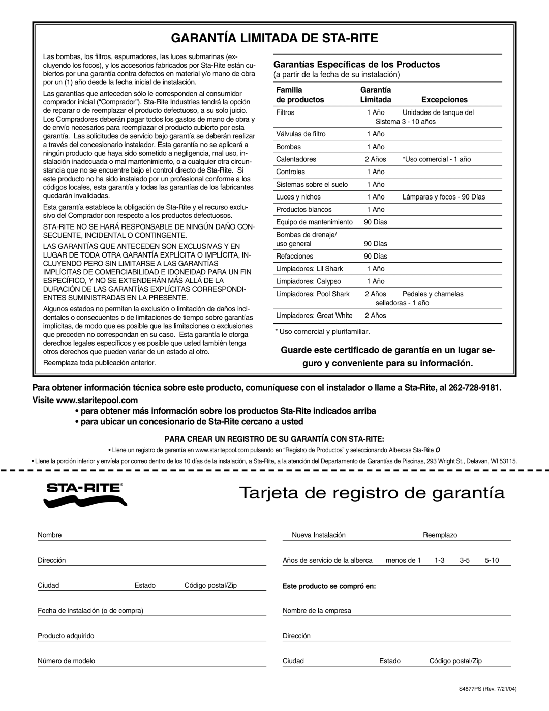 Pentair PLDE36, PLDE48 owner manual Tarjeta de registro de garantía 