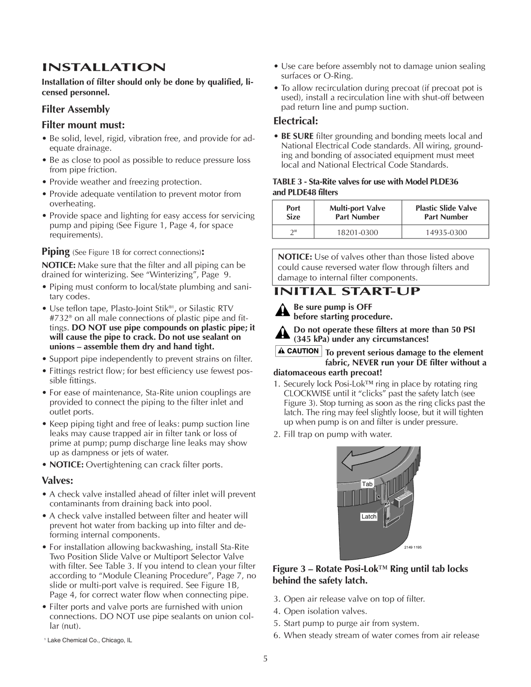 Pentair PLDE48, PLDE36 owner manual Installation, Initial START-UP, Filter Assembly Filter mount must, Valves, Electrical 