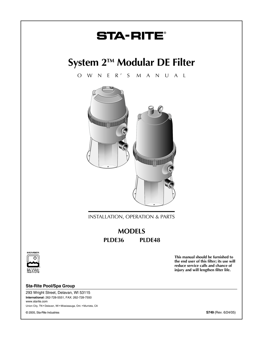Pentair owner manual System 2TM Modular DE Filter, Models, PLDE36 PLDE48, O W N E R ’ S M A N U A L 