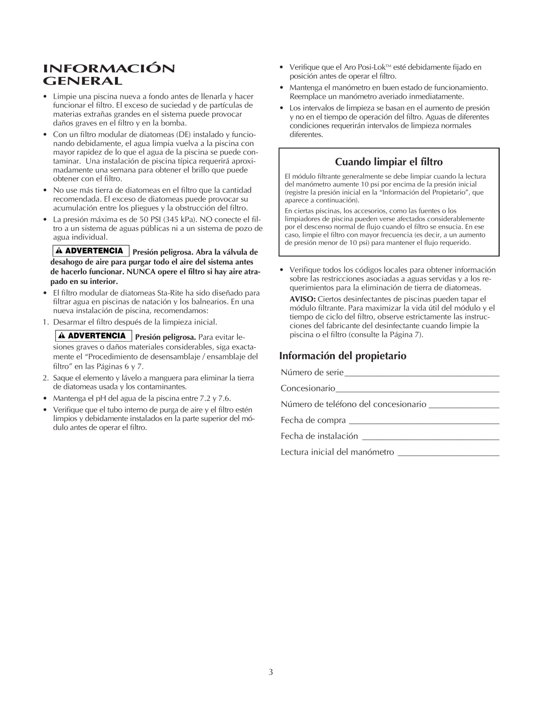 Pentair PLDE48, PLDE36 owner manual Información General, Cuando limpiar el filtro, Información del propietario 