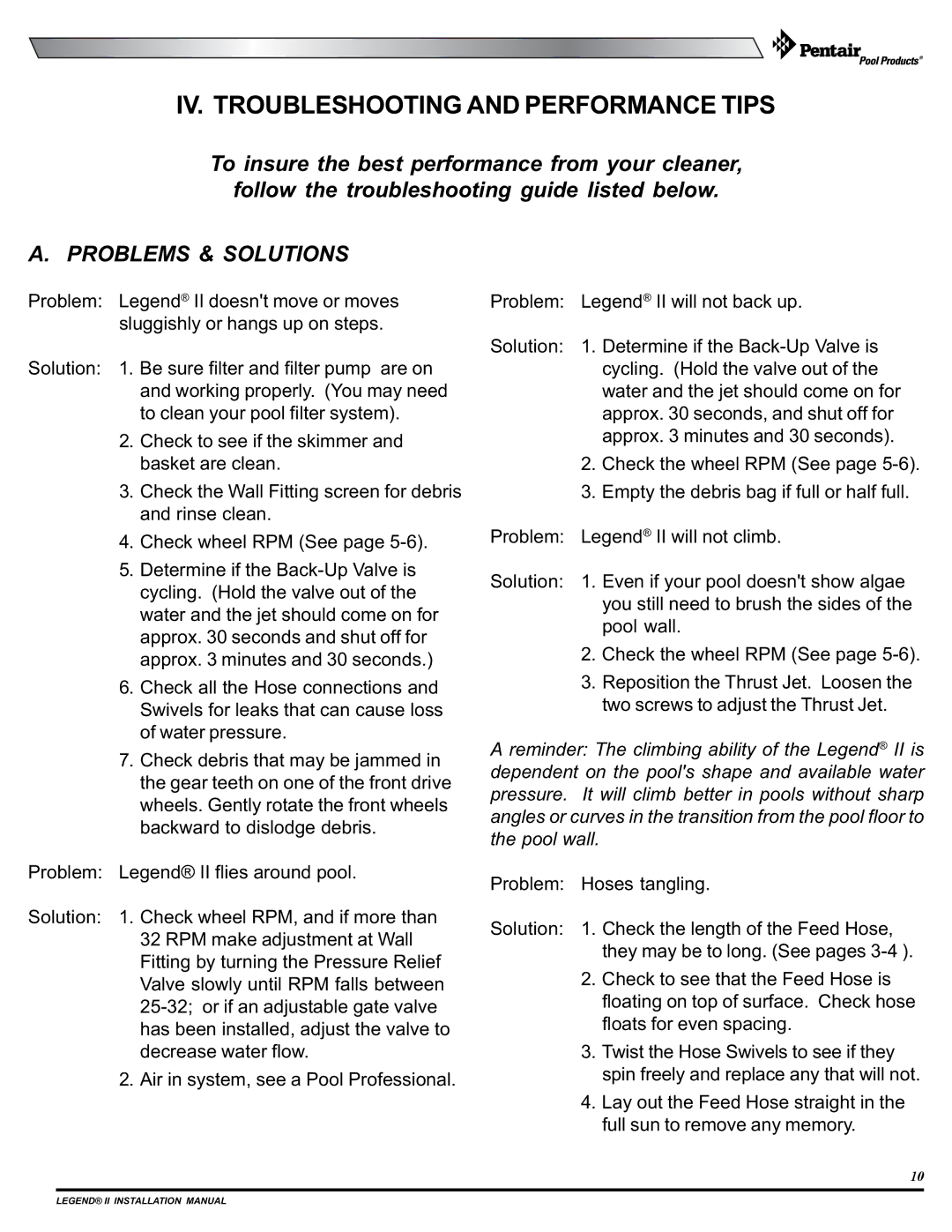 Pentair pool cleaner installation manual IV. Troubleshooting and Performance Tips 