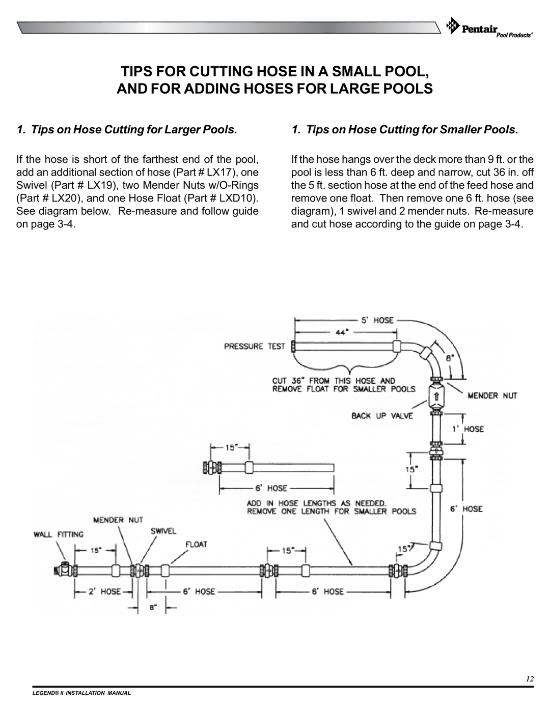 Pentair pool cleaner installation manual Tips on Hose Cutting for Larger Pools, Tips on Hose Cutting for Smaller Pools 