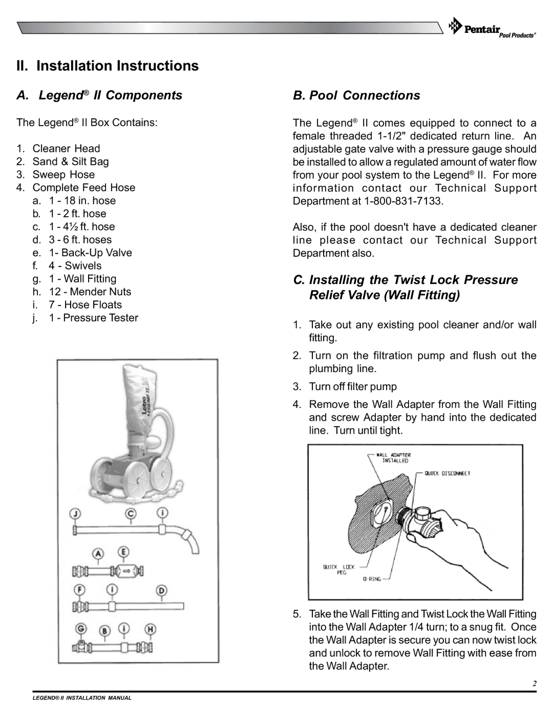 Pentair pool cleaner installation manual Pool Connections, Installing the Twist Lock Pressure Relief Valve Wall Fitting 