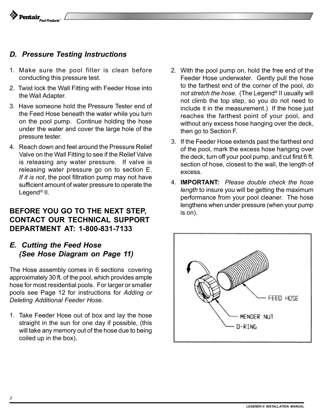 Pentair pool cleaner installation manual Pressure Testing Instructions, Cutting the Feed Hose See Hose Diagram on 