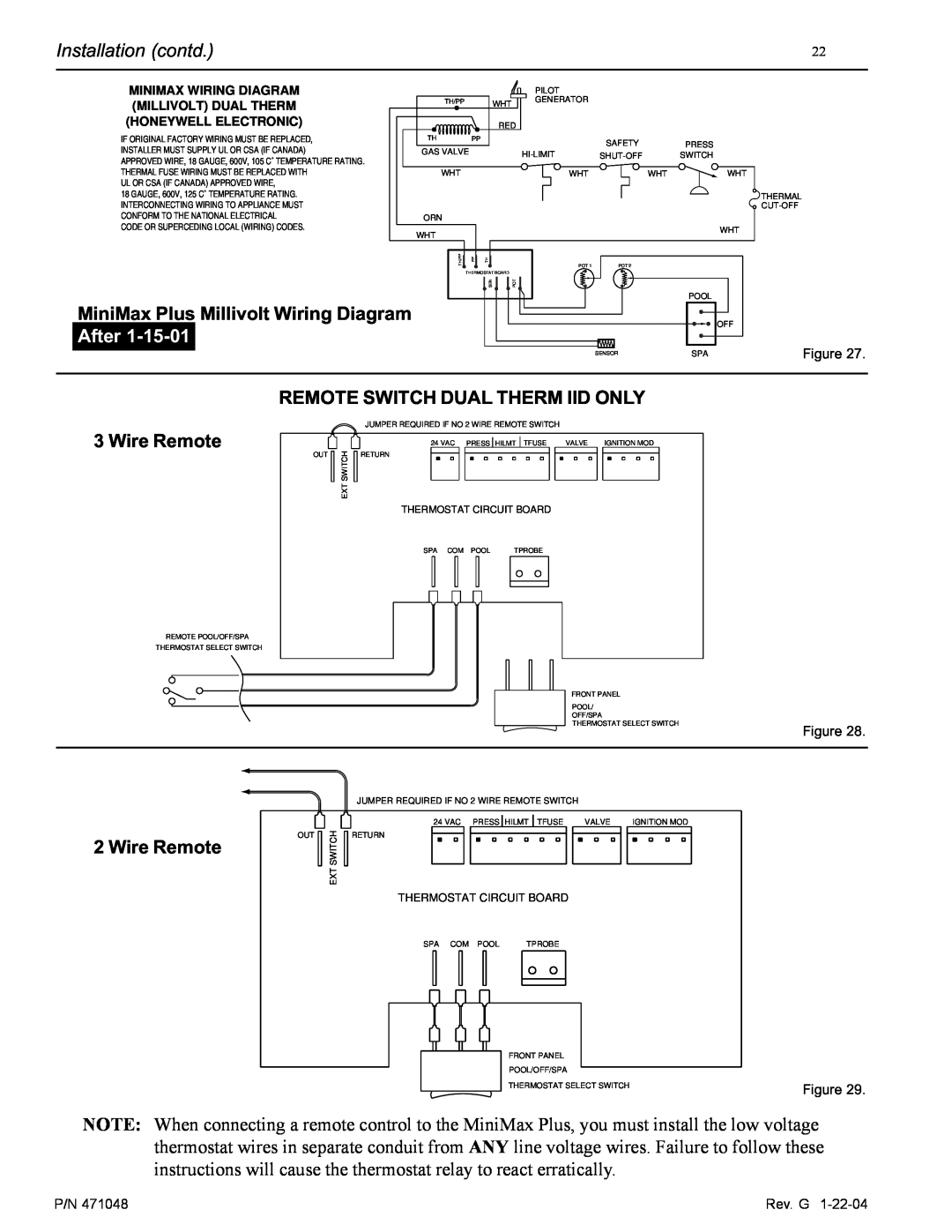 Pentair PowerMax Installation contd, MiniMax Plus Millivolt Wiring Diagram, After, Remote Switch Dual Therm Iid Only 