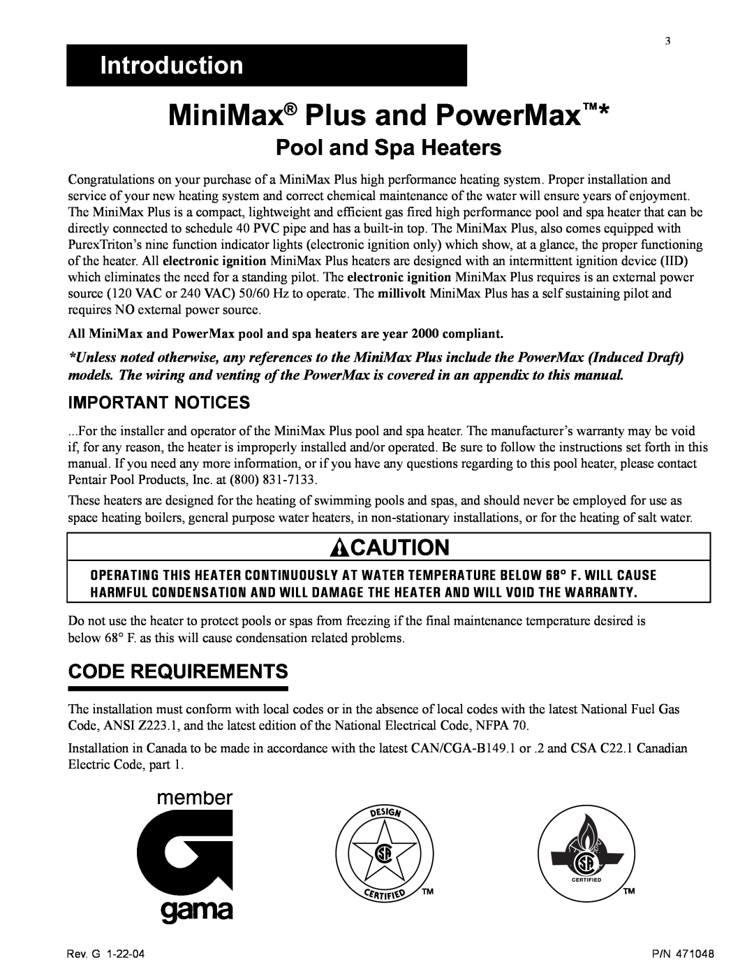 Pentair MiniMax Plus HP Series, PowerMax Introduction, Pool and Spa Heaters, Code Requirements, Important Notices 