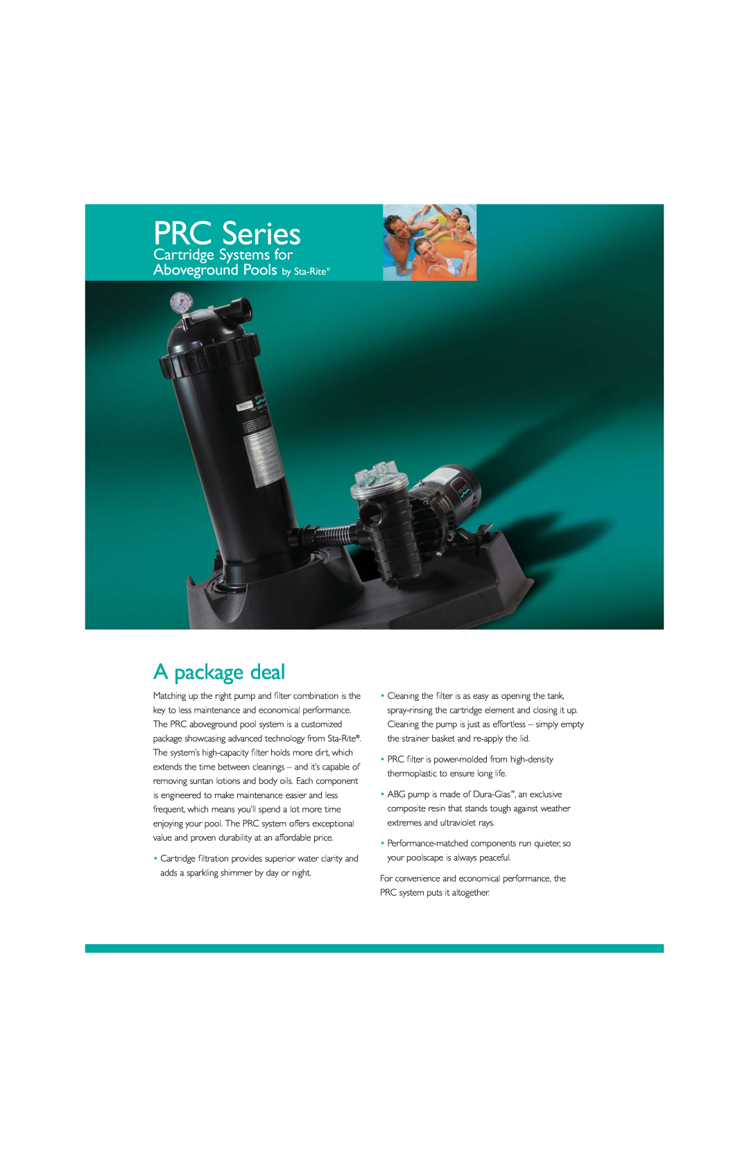 Pentair PRC Series manual A package deal, Cartridge Systems for Aboveground Pools by Sta-Rite 