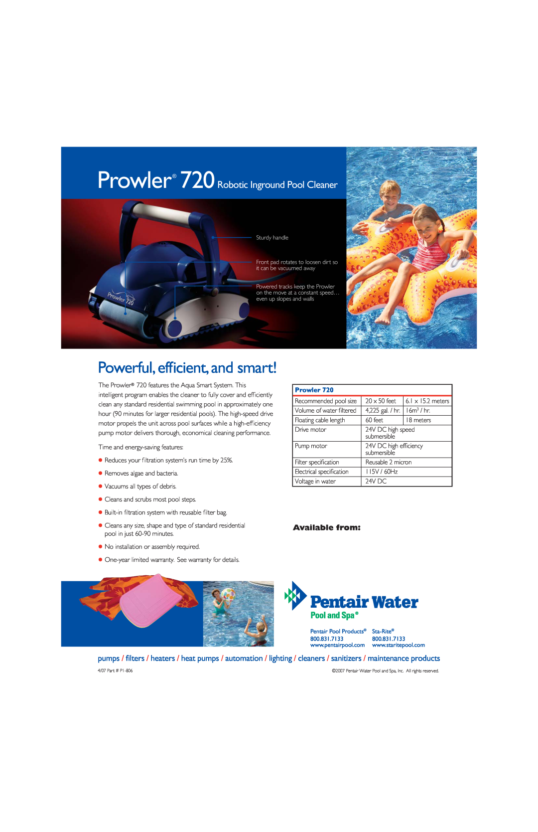 Pentair manual Powerful, efficient, and smart, Prowler 720Robotic Inground Pool Cleaner, Available from 