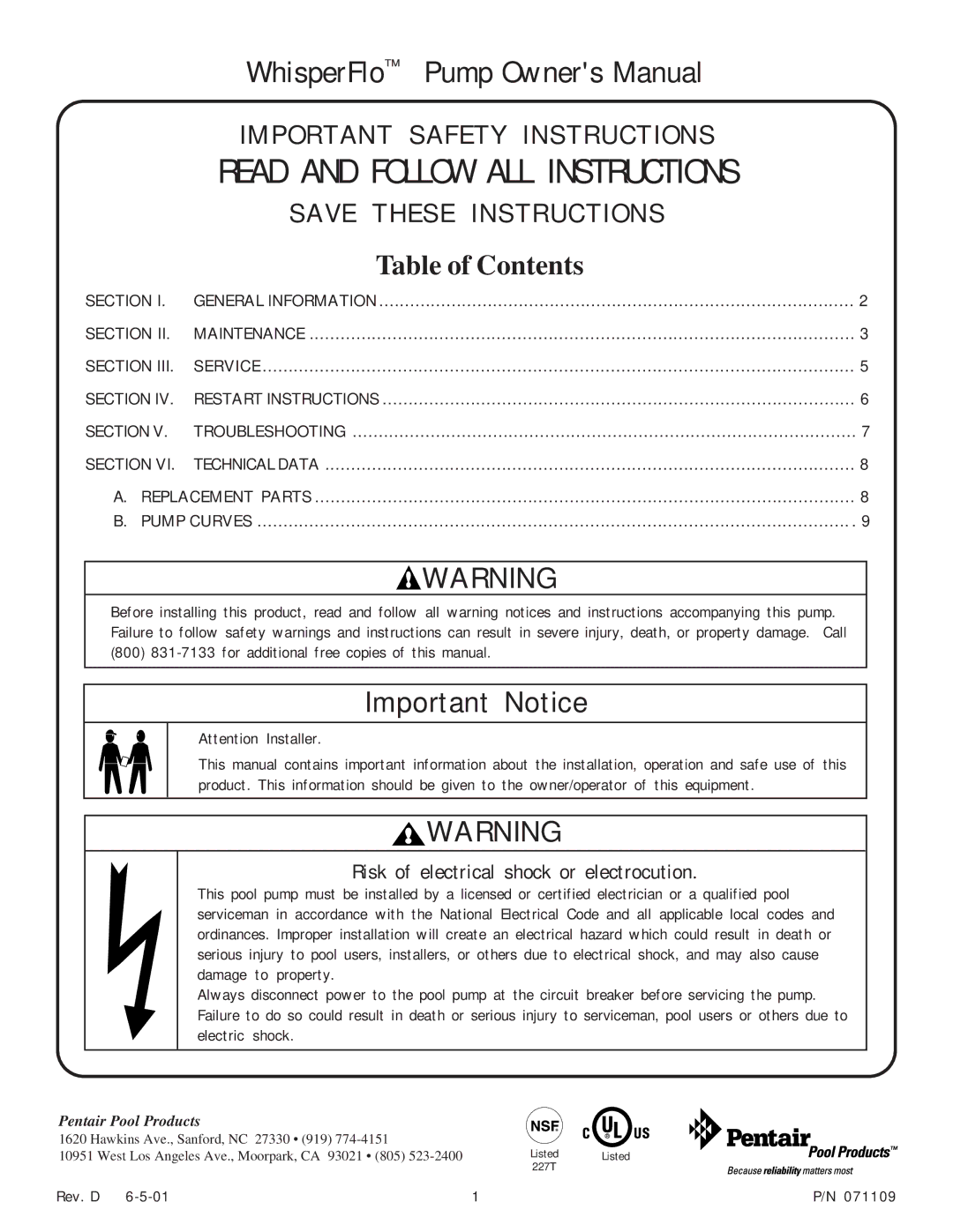 Pentair Pump important safety instructions WhisperFlo 