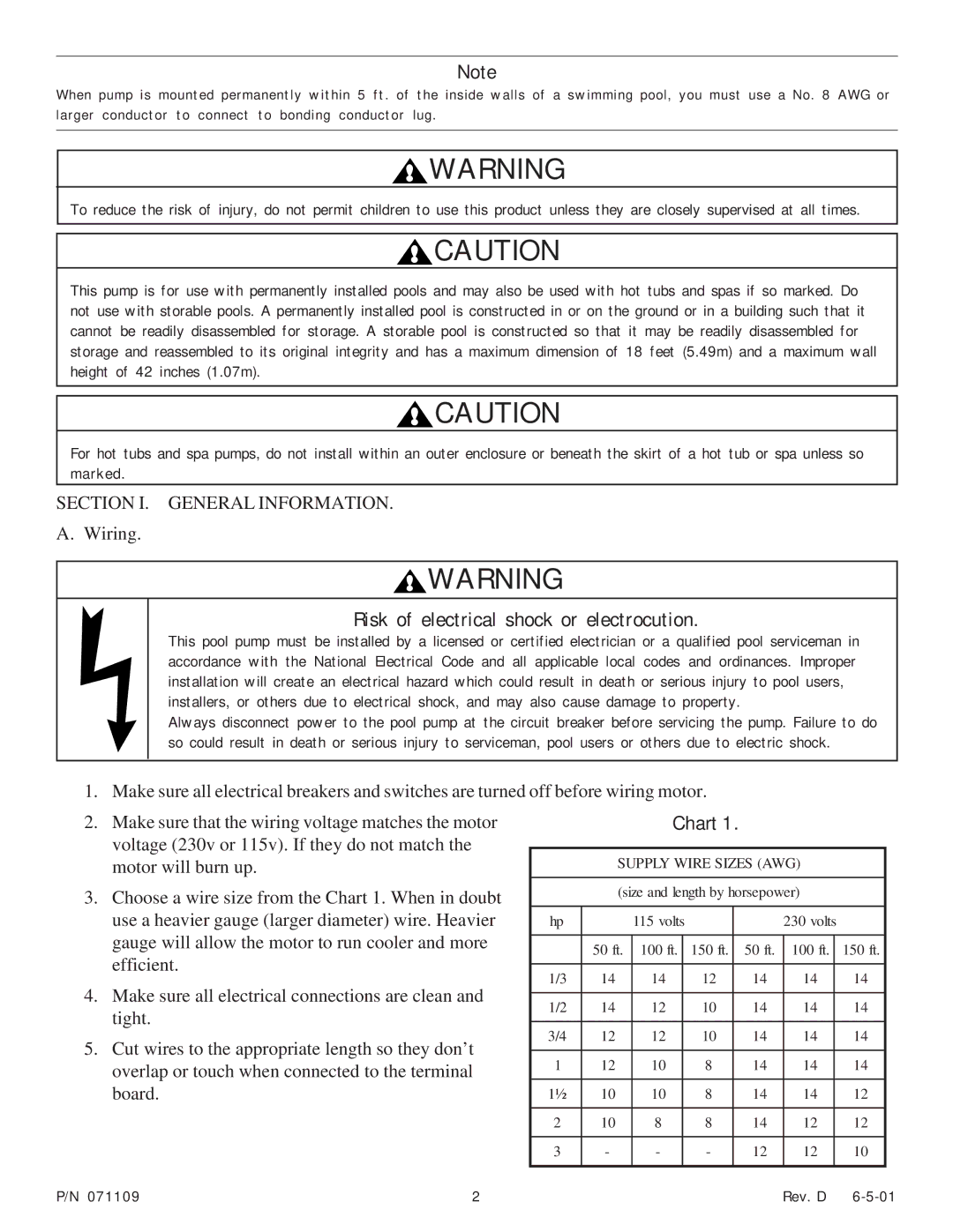 Pentair Pump important safety instructions Section I. General Information, Chart 