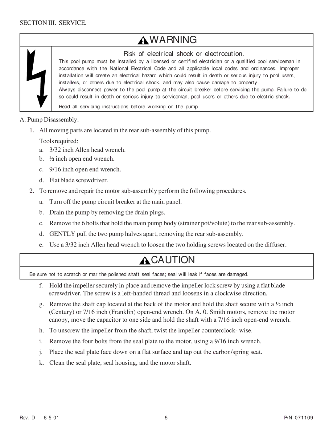 Pentair Pump important safety instructions Section III. Service, Read all servicing instructions before working on the pump 