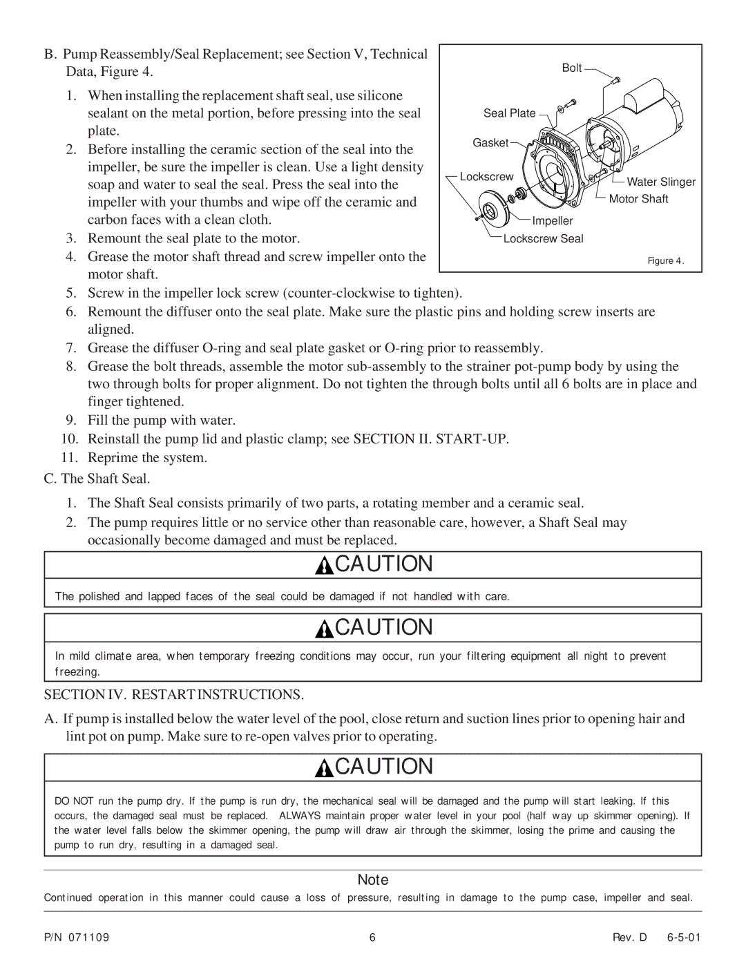 Pentair Pump important safety instructions Section IV. Restart Instructions 